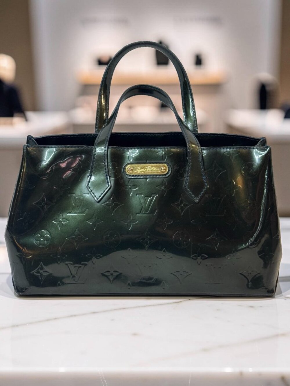 Louis Vuitton Wilshire PM Vert Bronze Monogram Vernis Patent Tote Gold Hardware